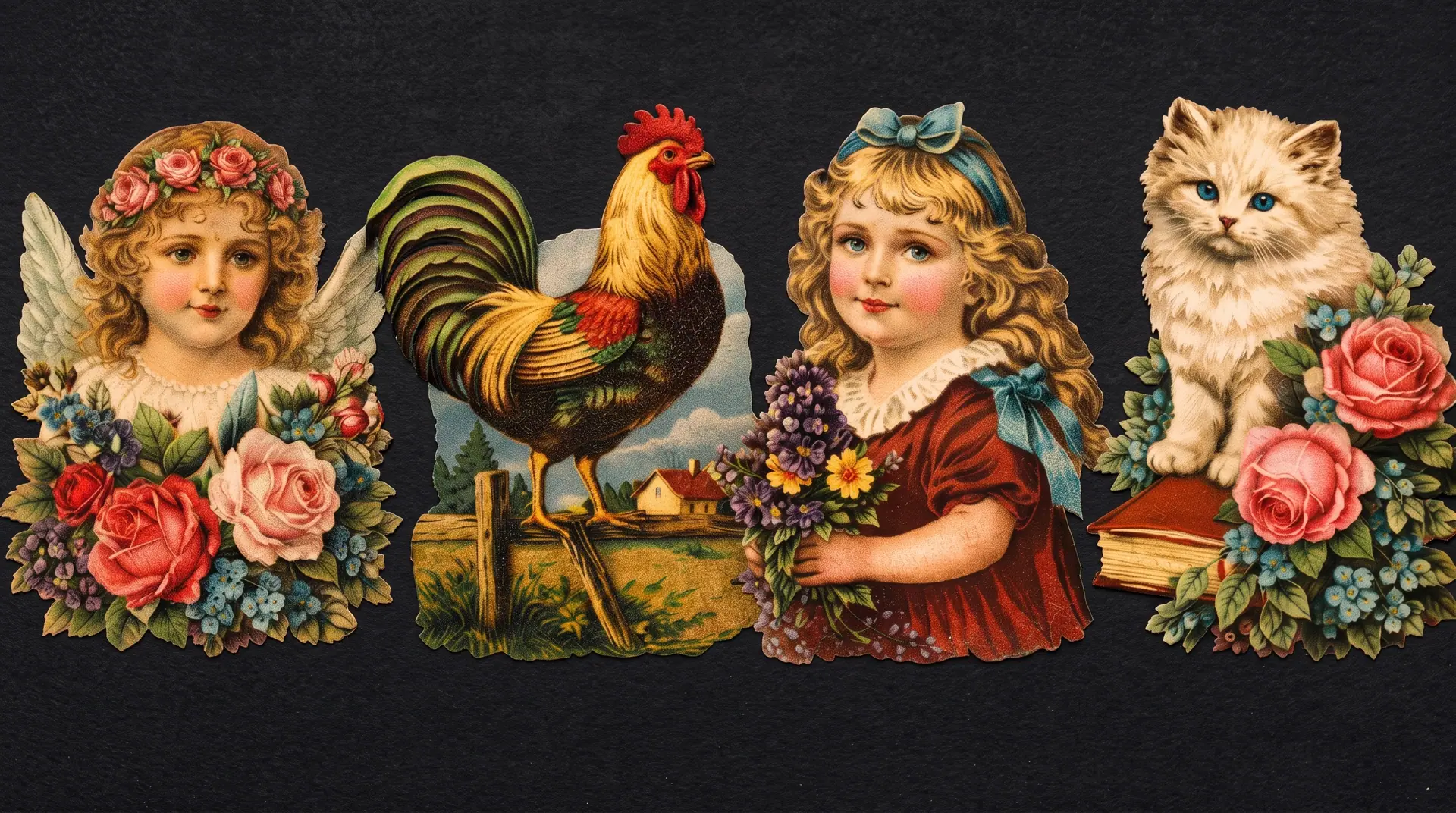 Färgrika äldre bokmärken med blommor, djur och illustrerade figurer.