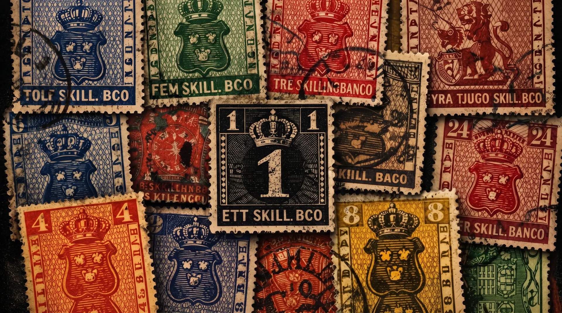 Äldre svenska frimärken ordnade som en detaljrik samlarbild.