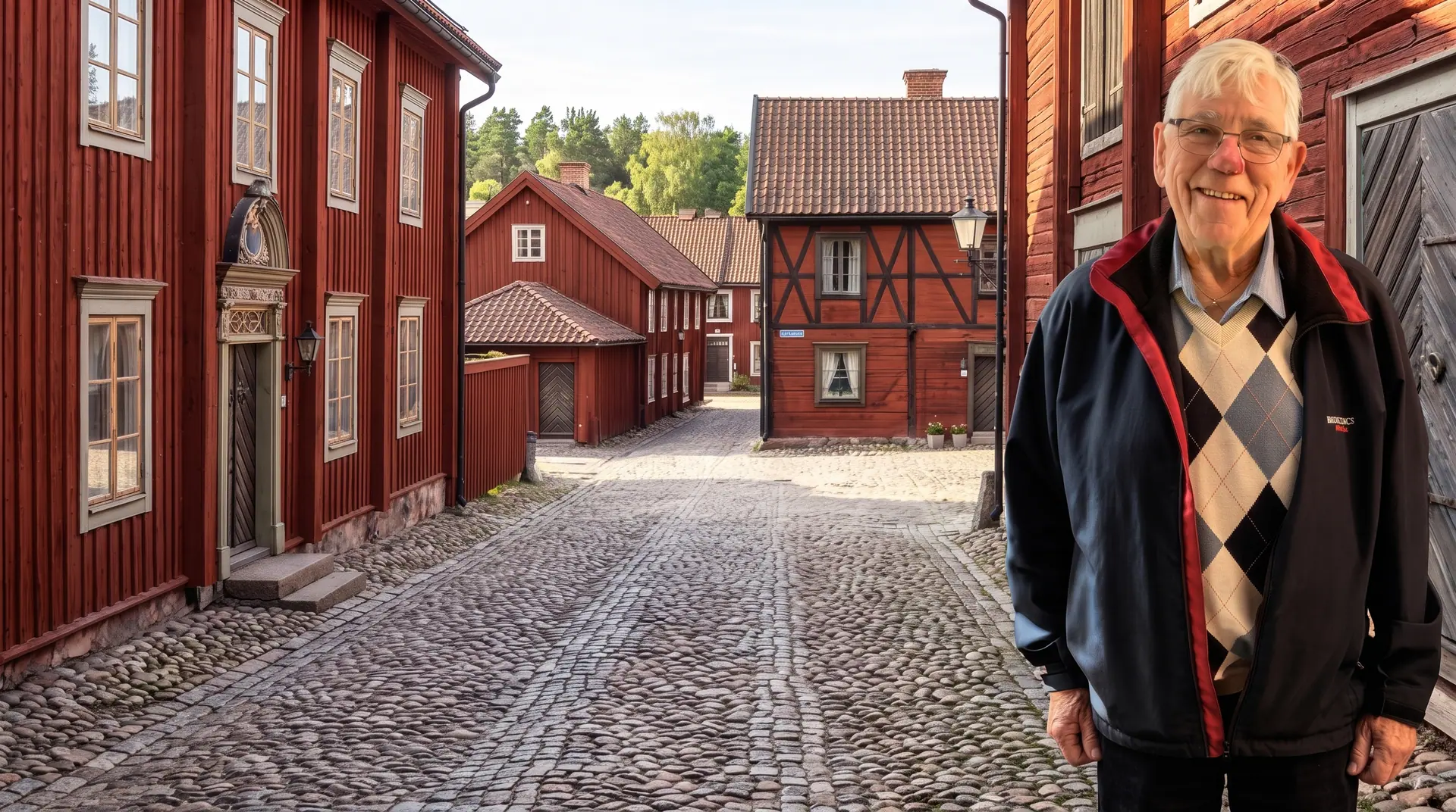 Björn Waxegård framför de röda trähusen i Gamla stan i Eksjö.