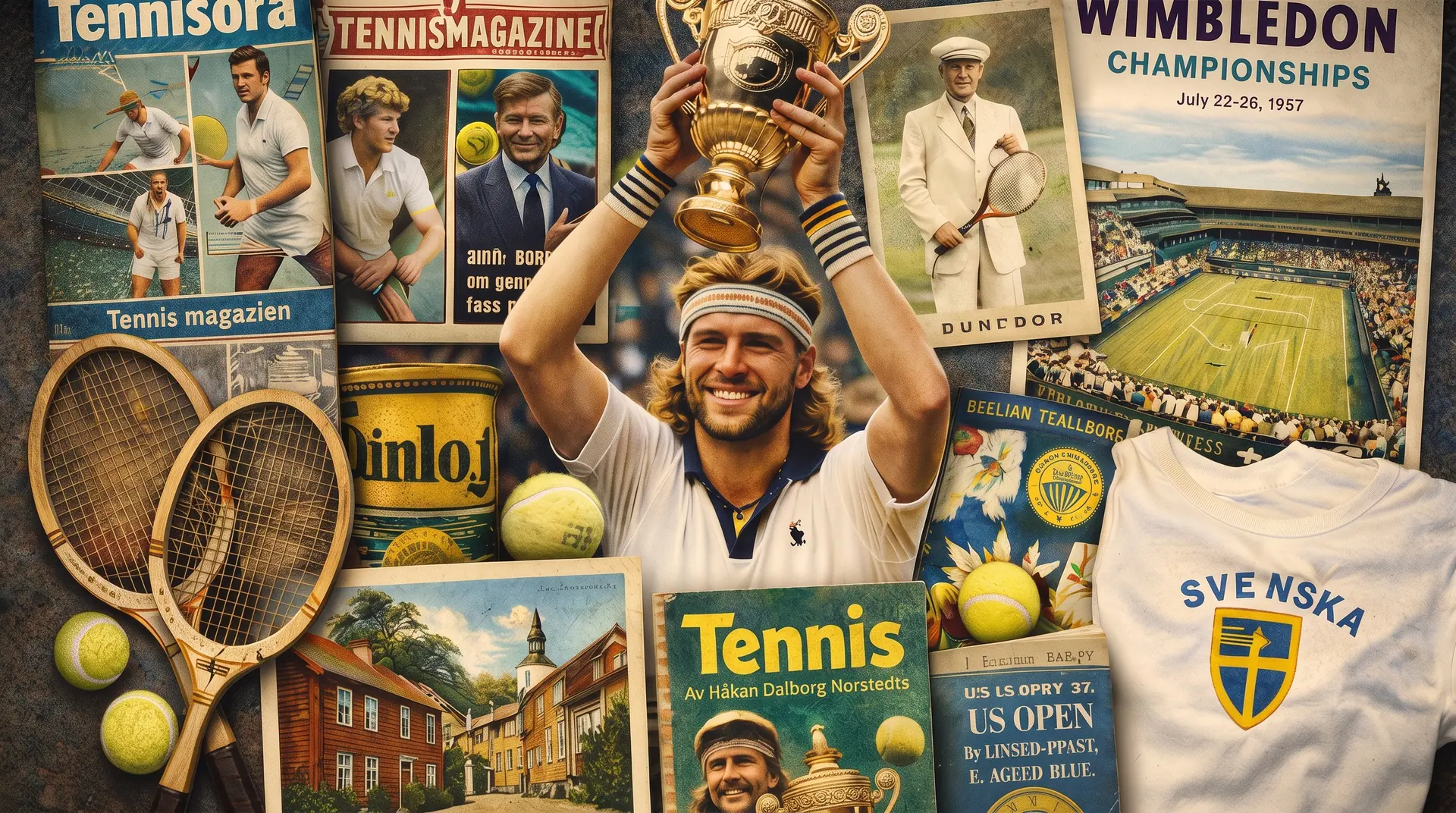 Tennismemorabilia med racketar, bollar, tidskrifter och svenska tennisprofiler.