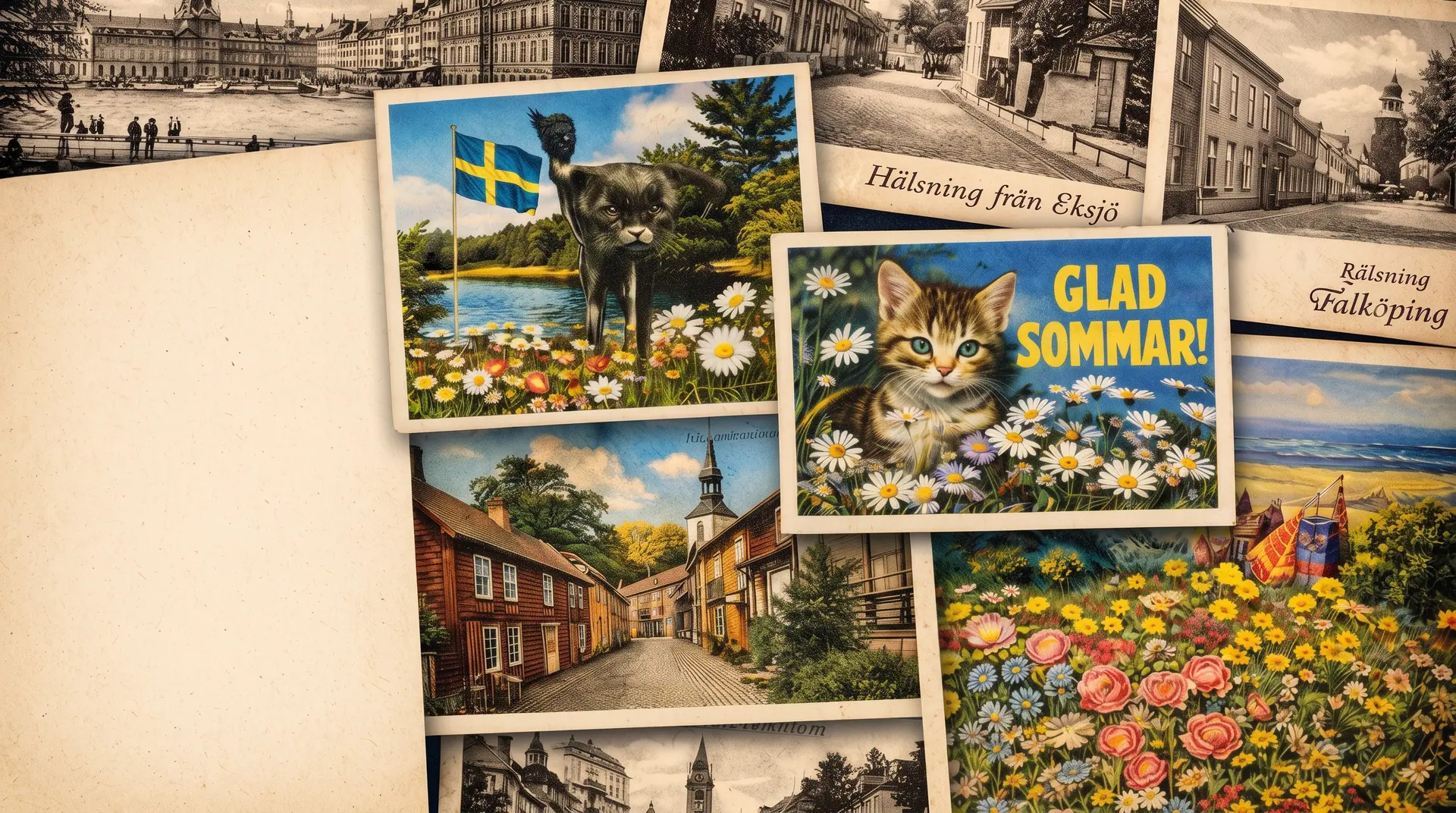Äldre svenska vykort med stadsmiljöer, landskap och handskrivna hälsningar.
